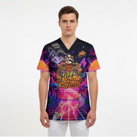 Retro Raccoon Eating Pizza Scrub Top 80s Synthwave Pizza Arcade Neon Gaming Aesthetic