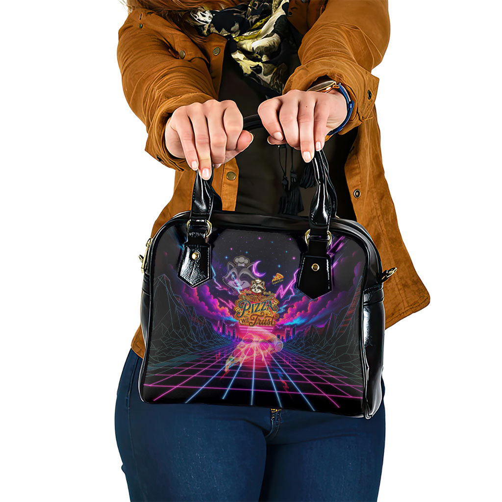Retro Raccoon Eating Pizza Shoulder Handbag 80s Synthwave Pizza Arcade Neon Gaming Aesthetic