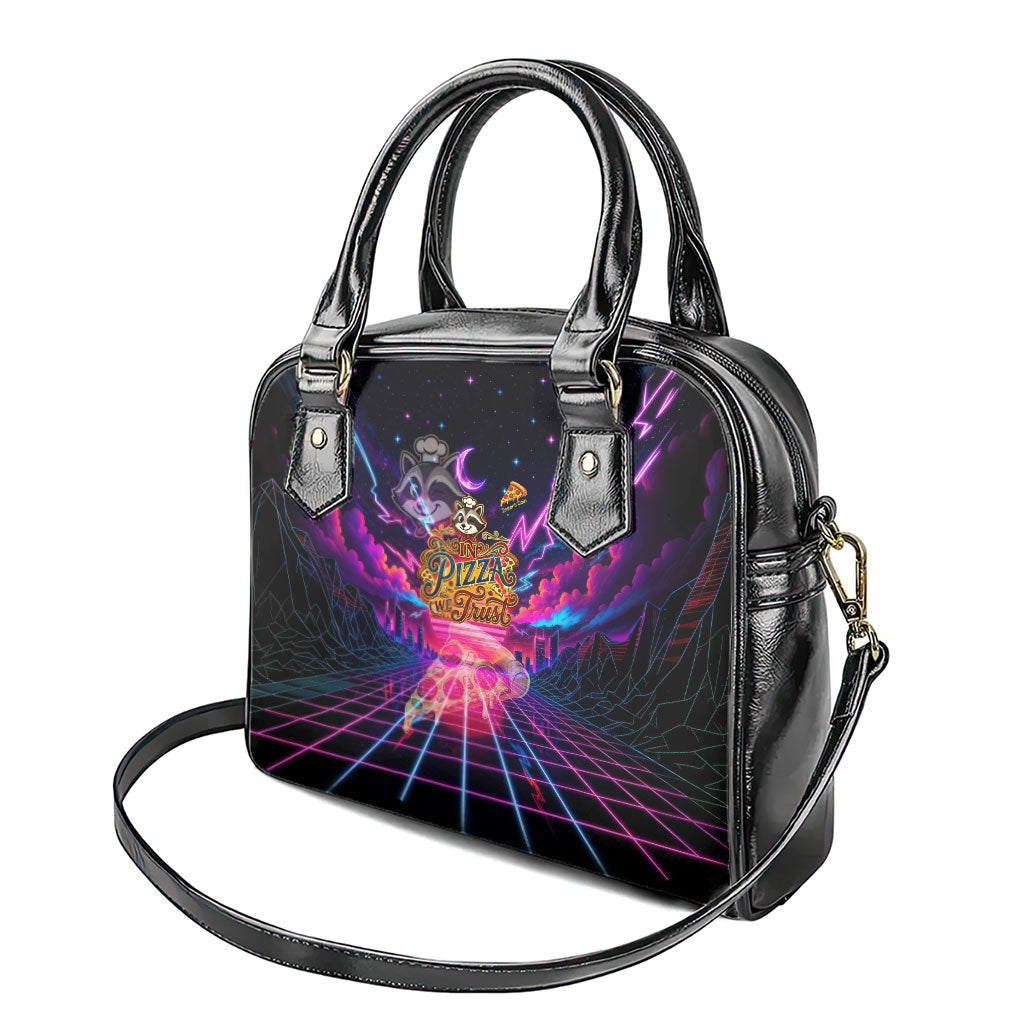 Retro Raccoon Eating Pizza Shoulder Handbag 80s Synthwave Pizza Arcade Neon Gaming Aesthetic