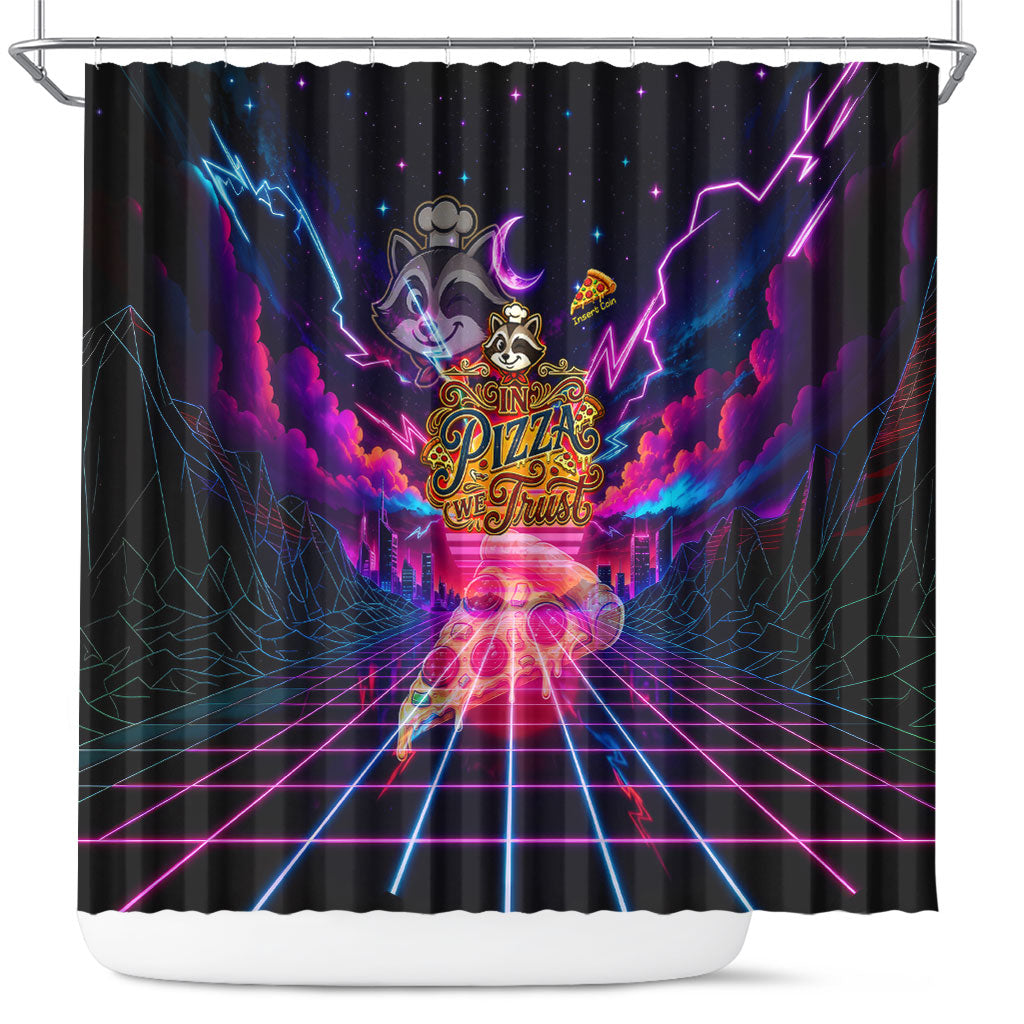 Retro Raccoon Eating Pizza Shower Curtain 80s Synthwave Pizza Arcade Neon Gaming Aesthetic