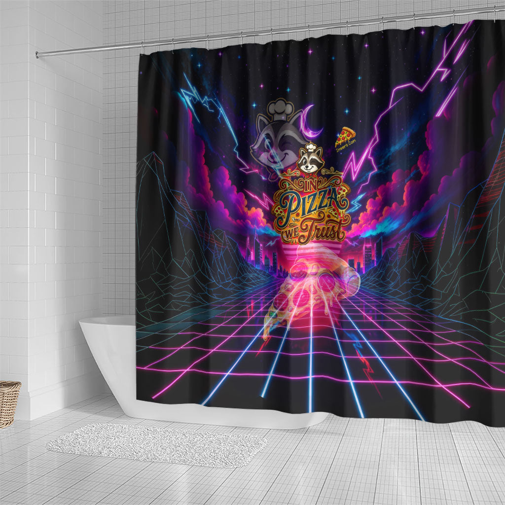 Retro Raccoon Eating Pizza Shower Curtain 80s Synthwave Pizza Arcade Neon Gaming Aesthetic