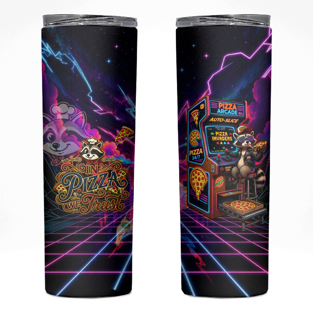 Retro Raccoon Eating Pizza Skinny Tumbler 80s Synthwave Pizza Arcade Neon Gaming Aesthetic