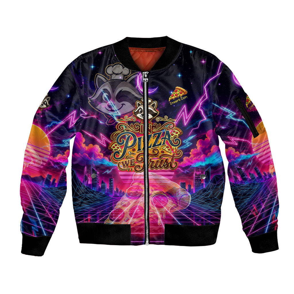 Retro Raccoon Eating Pizza Sleeve Zip Bomber Jacket 80s Synthwave Pizza Arcade Neon Gaming Aesthetic