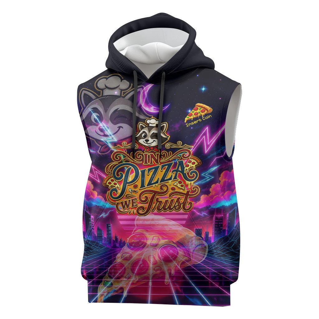 Retro Raccoon Eating Pizza Sleeveless Hoodie 80s Synthwave Pizza Arcade Neon Gaming Aesthetic