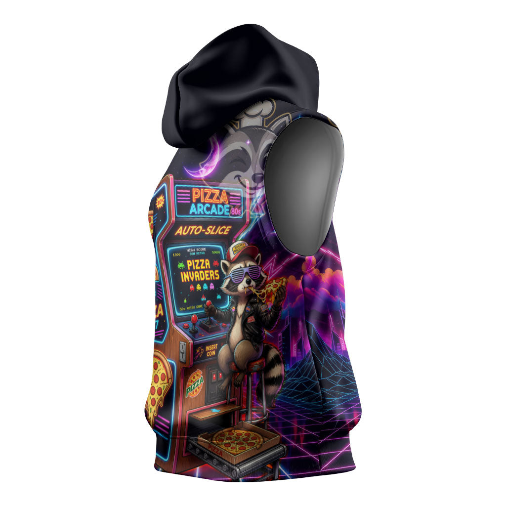 Retro Raccoon Eating Pizza Sleeveless Hoodie 80s Synthwave Pizza Arcade Neon Gaming Aesthetic