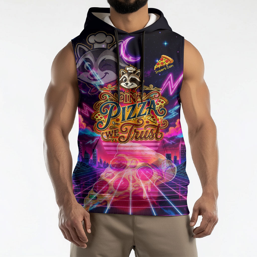 Retro Raccoon Eating Pizza Sleeveless Hoodie 80s Synthwave Pizza Arcade Neon Gaming Aesthetic