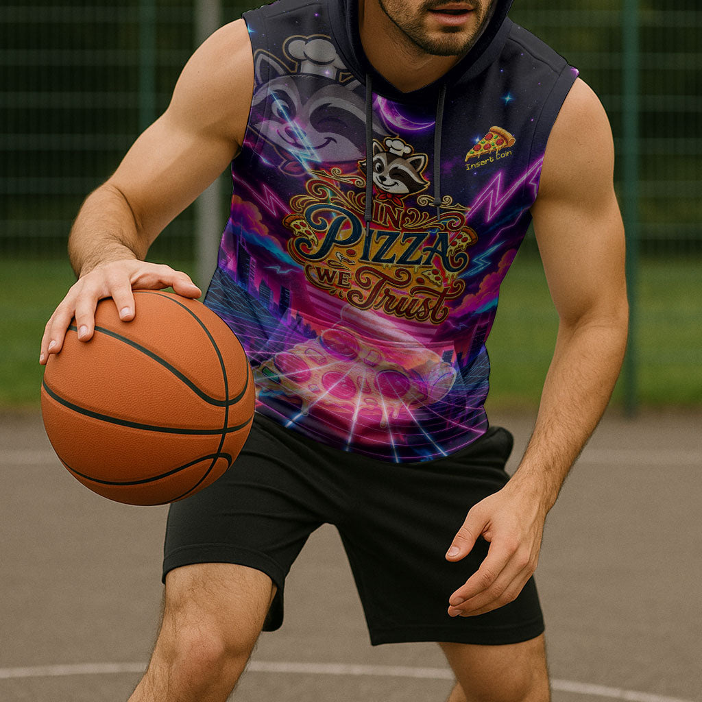 Retro Raccoon Eating Pizza Sleeveless Hoodie 80s Synthwave Pizza Arcade Neon Gaming Aesthetic
