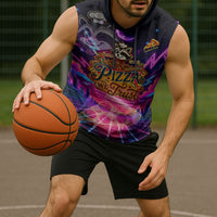 Retro Raccoon Eating Pizza Sleeveless Hoodie 80s Synthwave Pizza Arcade Neon Gaming Aesthetic