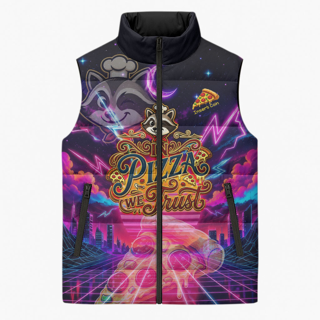 Retro Raccoon Eating Pizza Sleeveless Puffer Jacket 80s Synthwave Pizza Arcade Neon Gaming Aesthetic