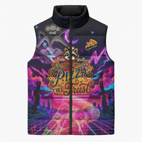 Retro Raccoon Eating Pizza Sleeveless Puffer Jacket 80s Synthwave Pizza Arcade Neon Gaming Aesthetic