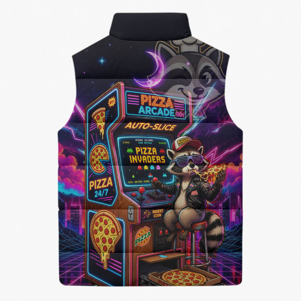 Retro Raccoon Eating Pizza Sleeveless Puffer Jacket 80s Synthwave Pizza Arcade Neon Gaming Aesthetic