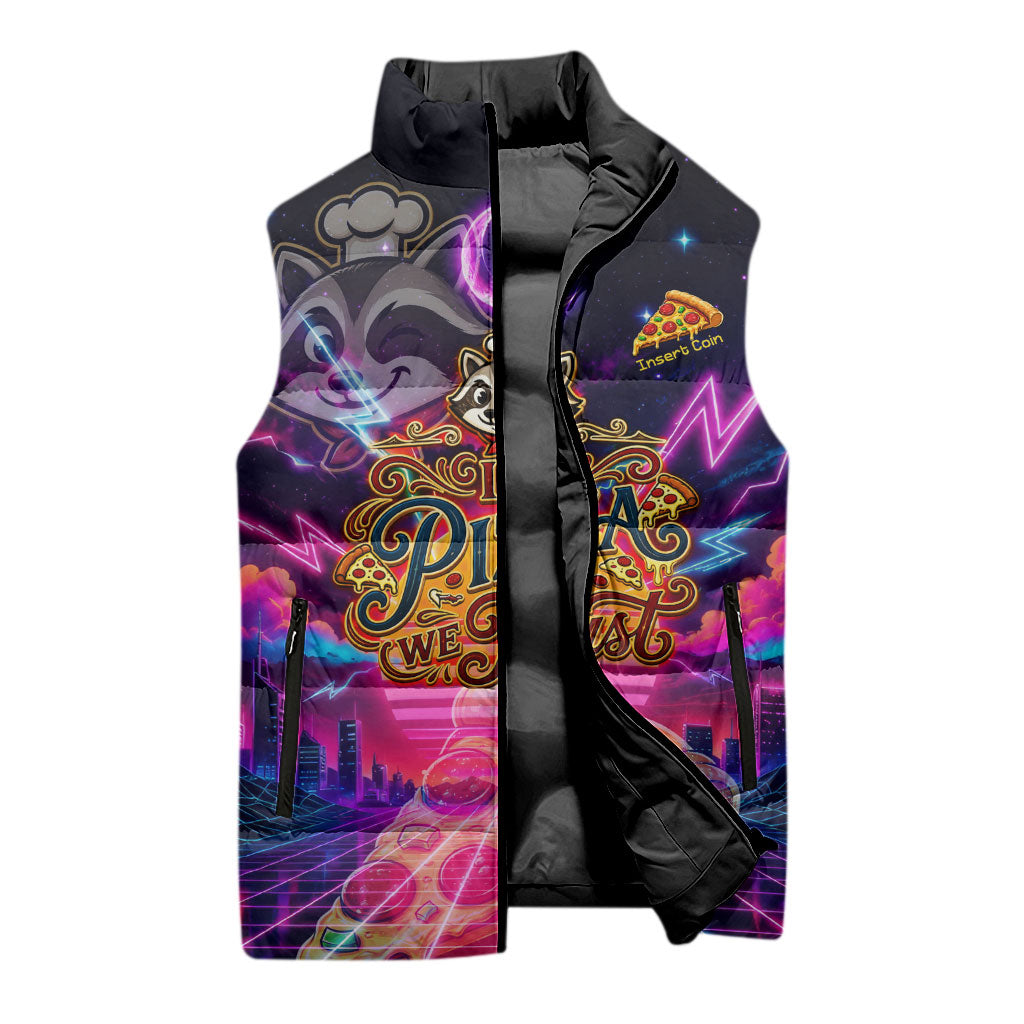 Retro Raccoon Eating Pizza Sleeveless Puffer Jacket 80s Synthwave Pizza Arcade Neon Gaming Aesthetic