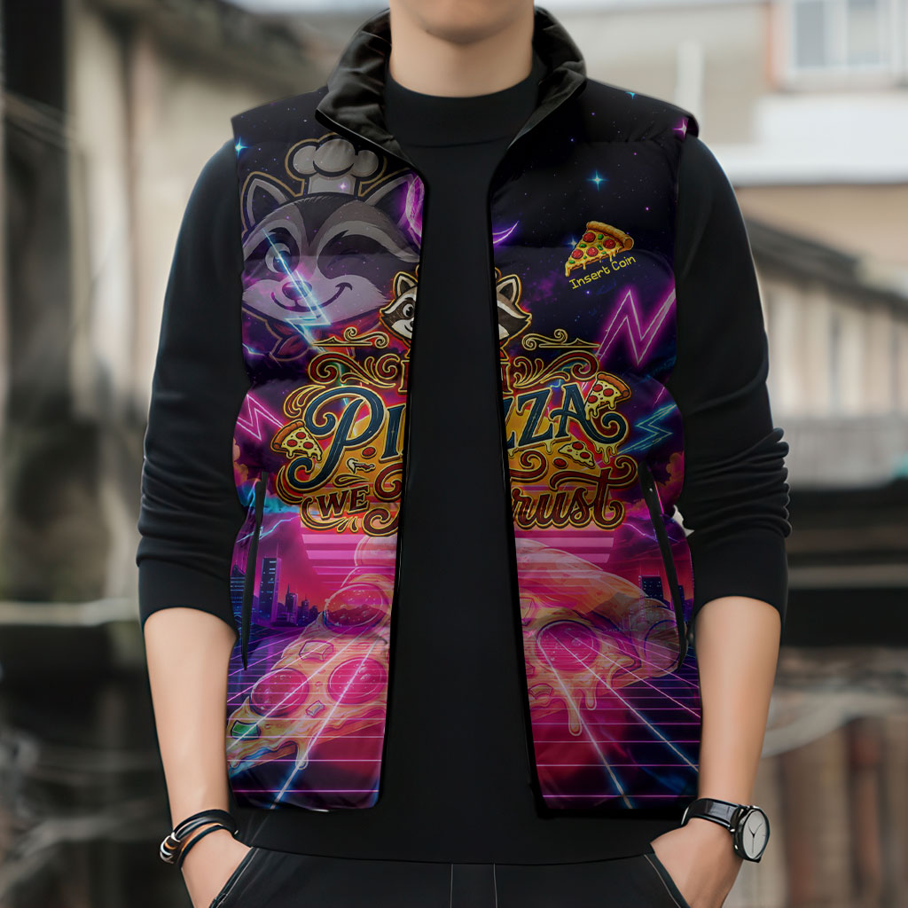 Retro Raccoon Eating Pizza Sleeveless Puffer Jacket 80s Synthwave Pizza Arcade Neon Gaming Aesthetic