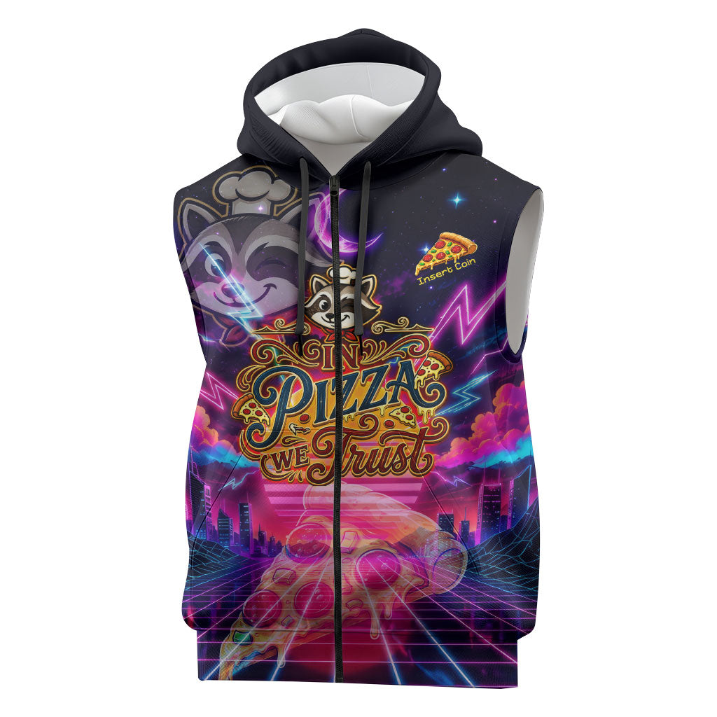 Retro Raccoon Eating Pizza Sleeveless Zip Hoodie 80s Synthwave Pizza Arcade Neon Gaming Aesthetic