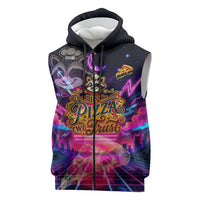 Retro Raccoon Eating Pizza Sleeveless Zip Hoodie 80s Synthwave Pizza Arcade Neon Gaming Aesthetic