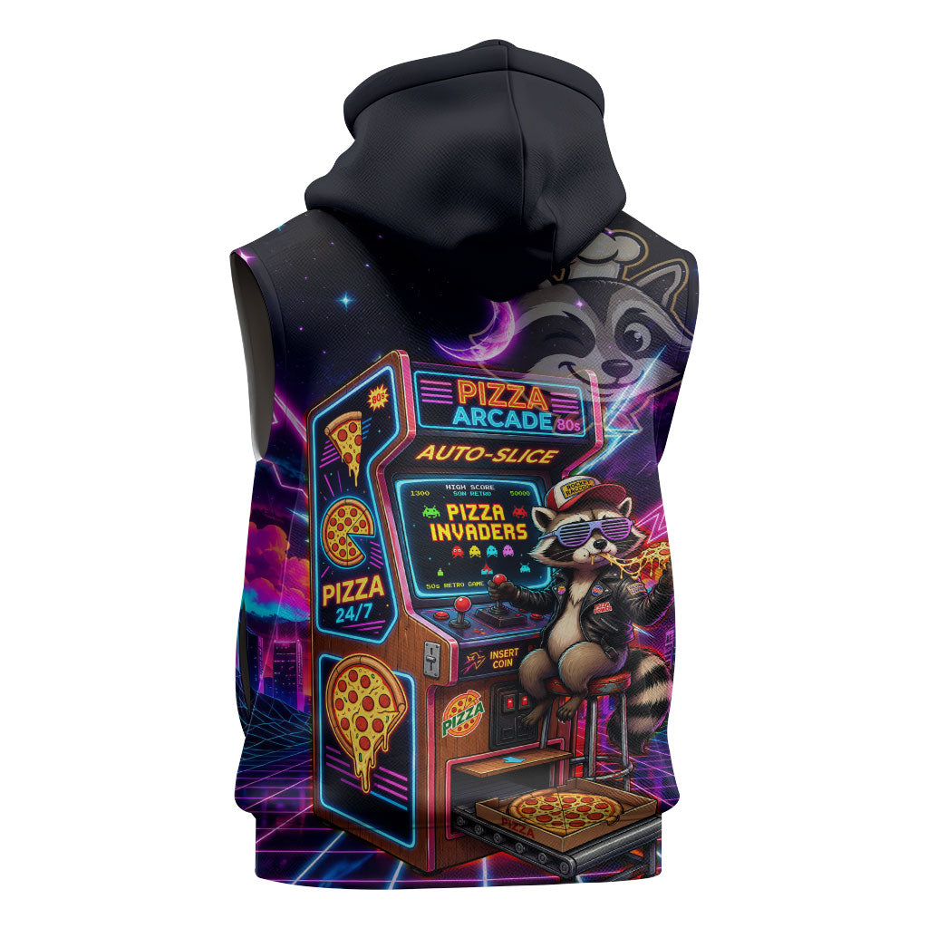Retro Raccoon Eating Pizza Sleeveless Zip Hoodie 80s Synthwave Pizza Arcade Neon Gaming Aesthetic