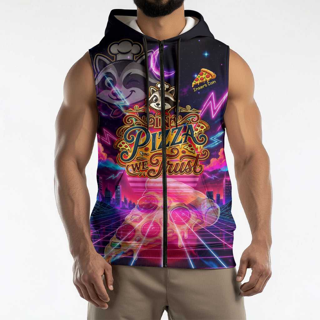 Retro Raccoon Eating Pizza Sleeveless Zip Hoodie 80s Synthwave Pizza Arcade Neon Gaming Aesthetic