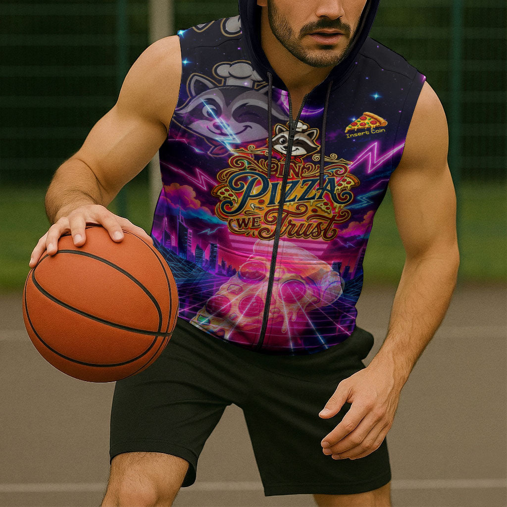 Retro Raccoon Eating Pizza Sleeveless Zip Hoodie 80s Synthwave Pizza Arcade Neon Gaming Aesthetic