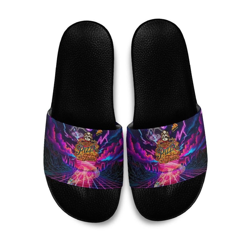 Retro Raccoon Eating Pizza Slide Sandals 80s Synthwave Pizza Arcade Neon Gaming Aesthetic