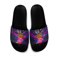 Retro Raccoon Eating Pizza Slide Sandals 80s Synthwave Pizza Arcade Neon Gaming Aesthetic