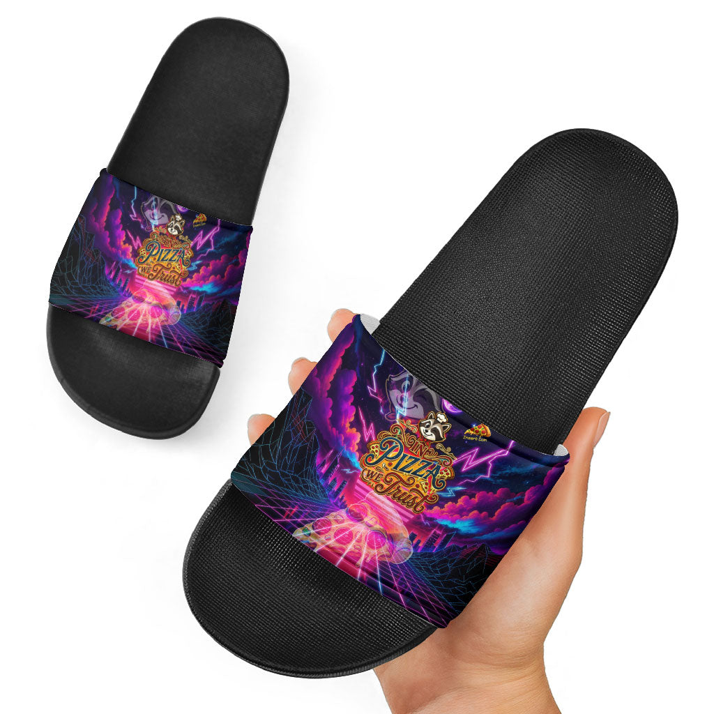 Retro Raccoon Eating Pizza Slide Sandals 80s Synthwave Pizza Arcade Neon Gaming Aesthetic