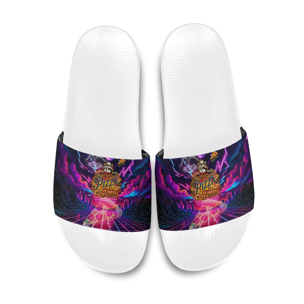 Retro Raccoon Eating Pizza Slide Sandals 80s Synthwave Pizza Arcade Neon Gaming Aesthetic