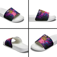 Retro Raccoon Eating Pizza Slide Sandals 80s Synthwave Pizza Arcade Neon Gaming Aesthetic