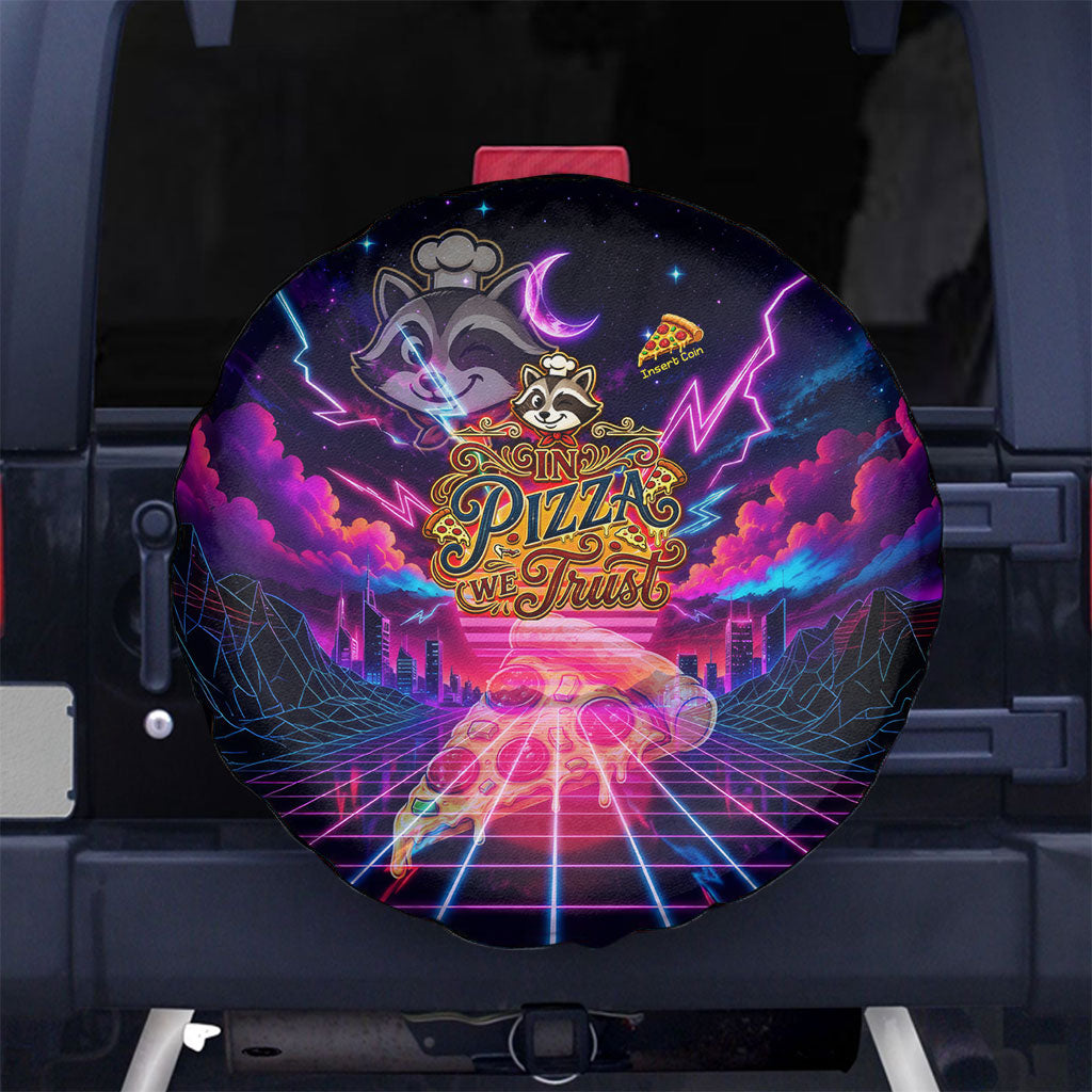 Retro Raccoon Eating Pizza Spare Tire Cover 80s Synthwave Pizza Arcade Neon Gaming Aesthetic