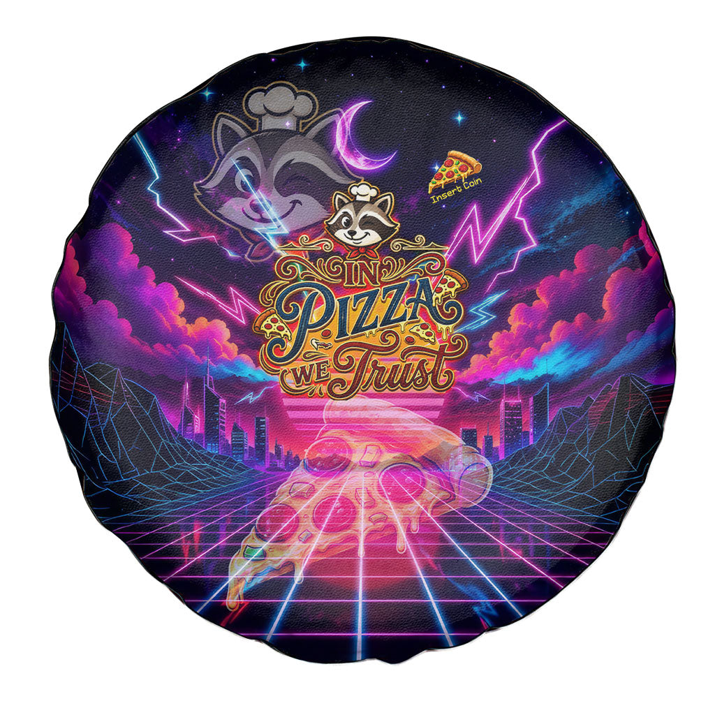 Retro Raccoon Eating Pizza Spare Tire Cover 80s Synthwave Pizza Arcade Neon Gaming Aesthetic