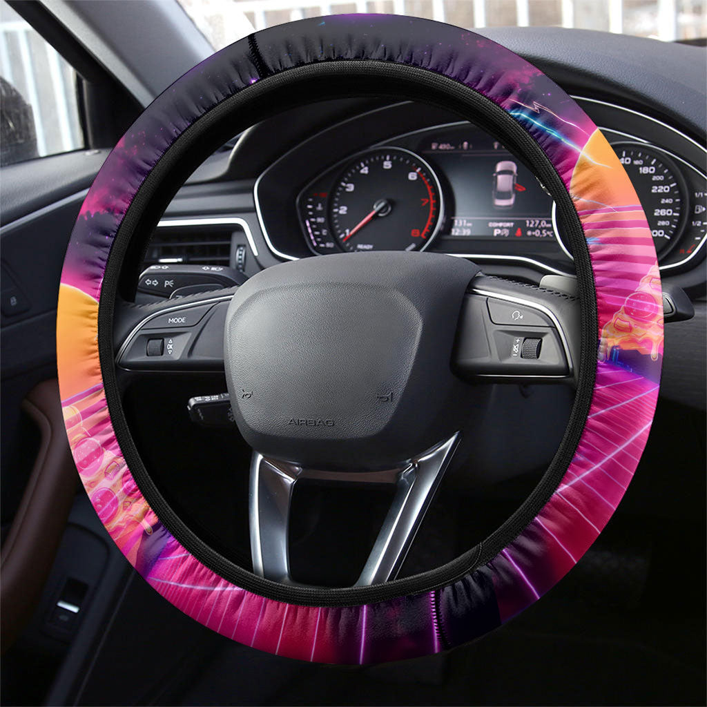 Retro Raccoon Eating Pizza Steering Wheel Cover 80s Synthwave Pizza Arcade Neon Gaming Aesthetic