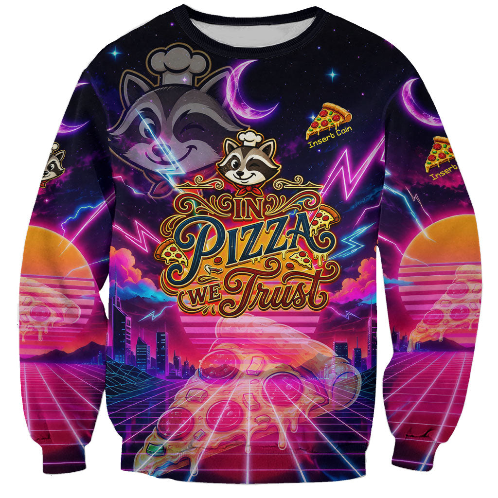 Retro Raccoon Eating Pizza Sweatshirt 80s Synthwave Pizza Arcade Neon Gaming Aesthetic