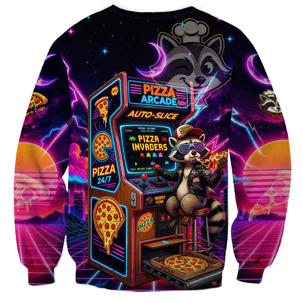 Retro Raccoon Eating Pizza Sweatshirt 80s Synthwave Pizza Arcade Neon Gaming Aesthetic