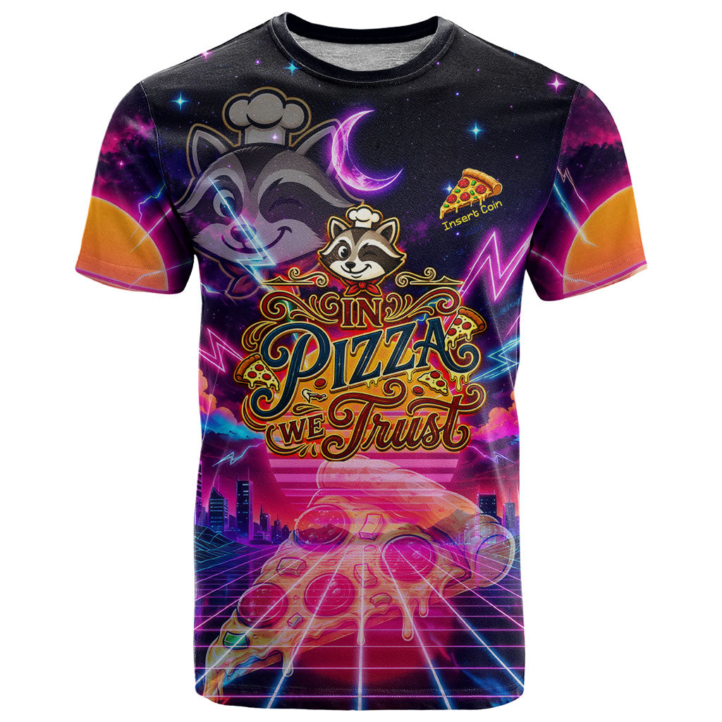 Retro Raccoon Eating Pizza T Shirt 80s Synthwave Pizza Arcade Neon Gaming Aesthetic