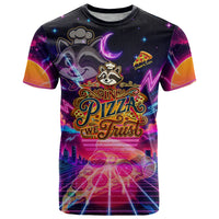 Retro Raccoon Eating Pizza T Shirt 80s Synthwave Pizza Arcade Neon Gaming Aesthetic