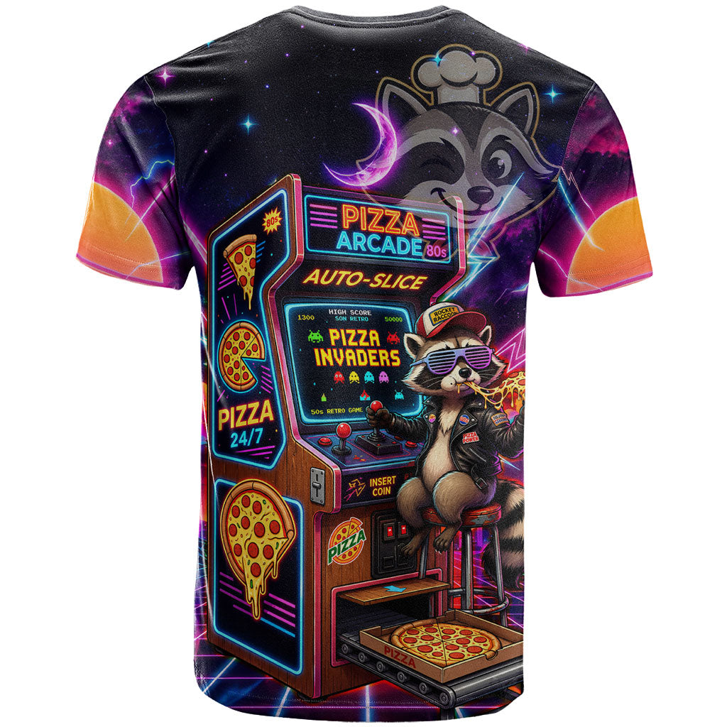 Retro Raccoon Eating Pizza T Shirt 80s Synthwave Pizza Arcade Neon Gaming Aesthetic
