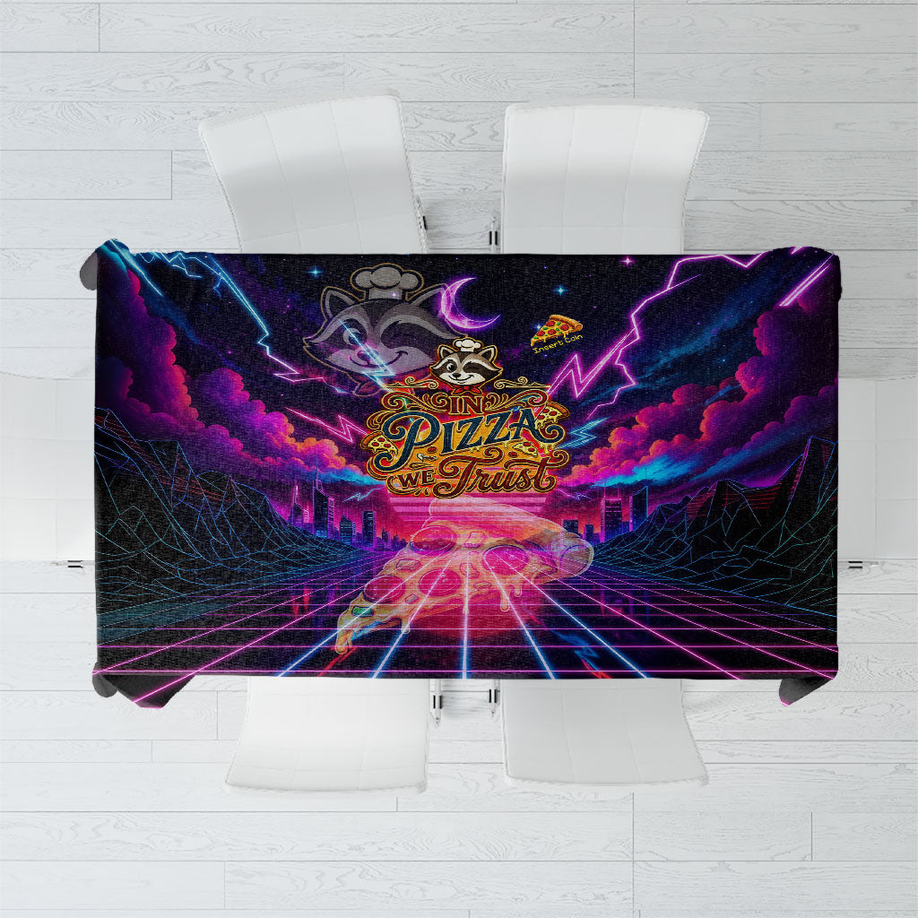 Retro Raccoon Eating Pizza Tablecloth 80s Synthwave Pizza Arcade Neon Gaming Aesthetic