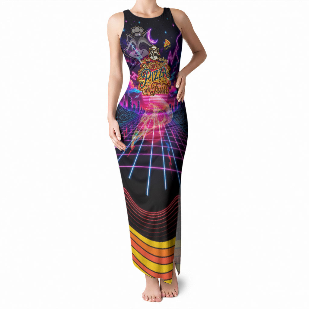 Retro Raccoon Eating Pizza Tank Maxi Dress 80s Synthwave Pizza Arcade Neon Gaming Aesthetic