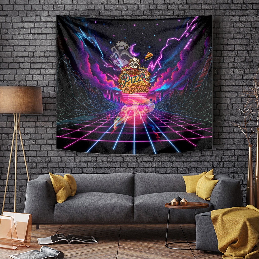 Retro Raccoon Eating Pizza Tapestry 80s Synthwave Pizza Arcade Neon Gaming Aesthetic
