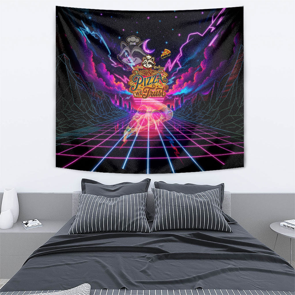 Retro Raccoon Eating Pizza Tapestry 80s Synthwave Pizza Arcade Neon Gaming Aesthetic