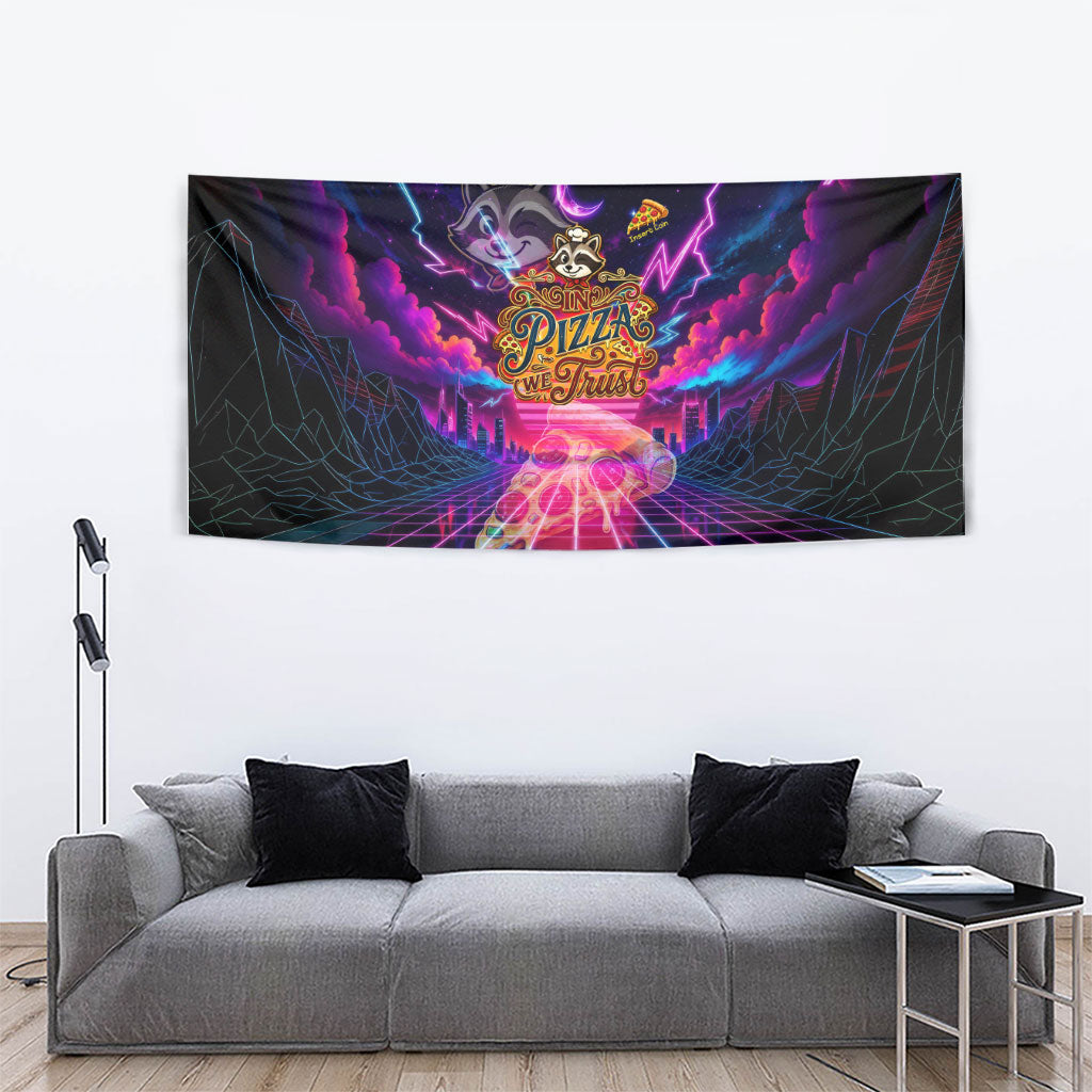 Retro Raccoon Eating Pizza Tapestry 80s Synthwave Pizza Arcade Neon Gaming Aesthetic