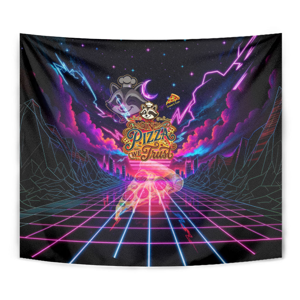 Retro Raccoon Eating Pizza Tapestry 80s Synthwave Pizza Arcade Neon Gaming Aesthetic