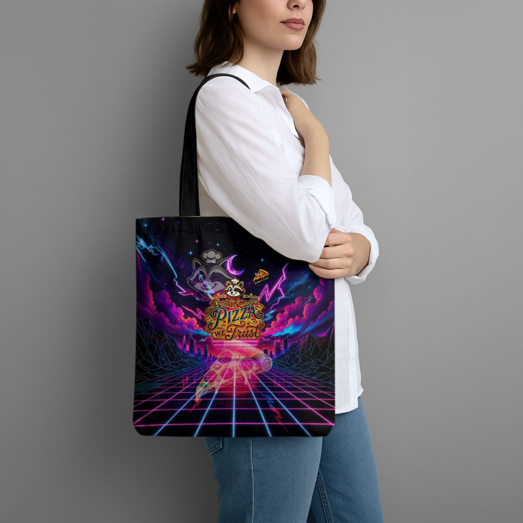 Retro Raccoon Eating Pizza Tote Bag 80s Synthwave Pizza Arcade Neon Gaming Aesthetic