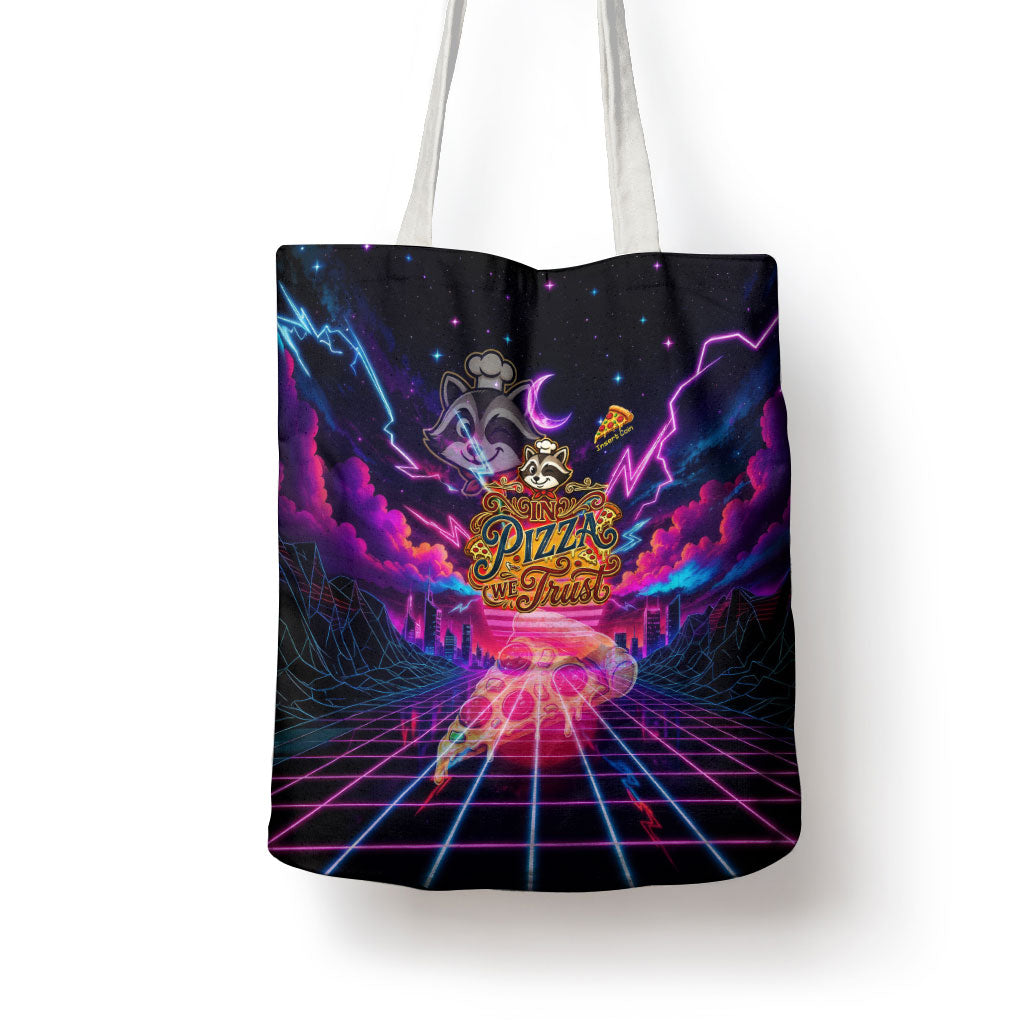 Retro Raccoon Eating Pizza Tote Bag 80s Synthwave Pizza Arcade Neon Gaming Aesthetic