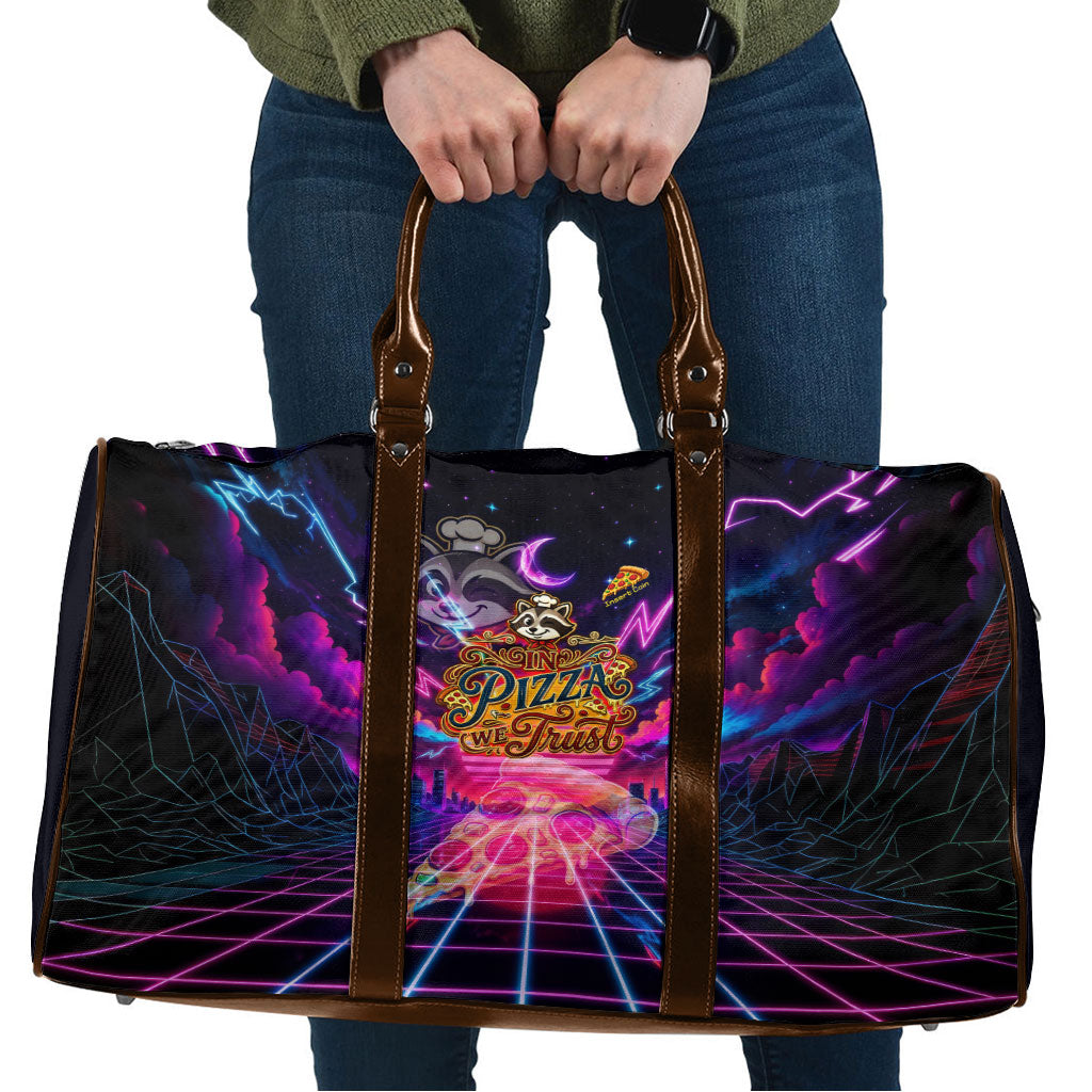 Retro Raccoon Eating Pizza Travel Bag 80s Synthwave Pizza Arcade Neon Gaming Aesthetic