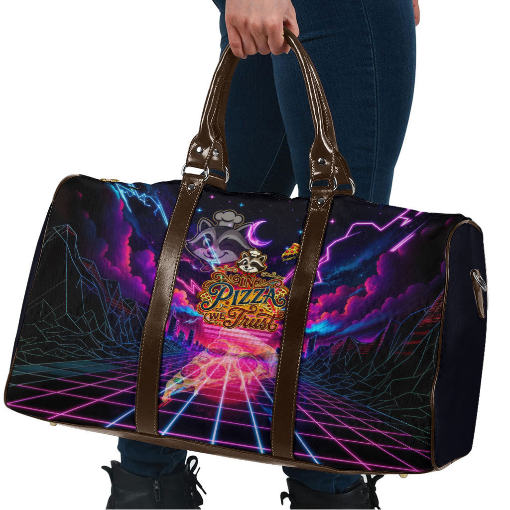 Retro Raccoon Eating Pizza Travel Bag 80s Synthwave Pizza Arcade Neon Gaming Aesthetic