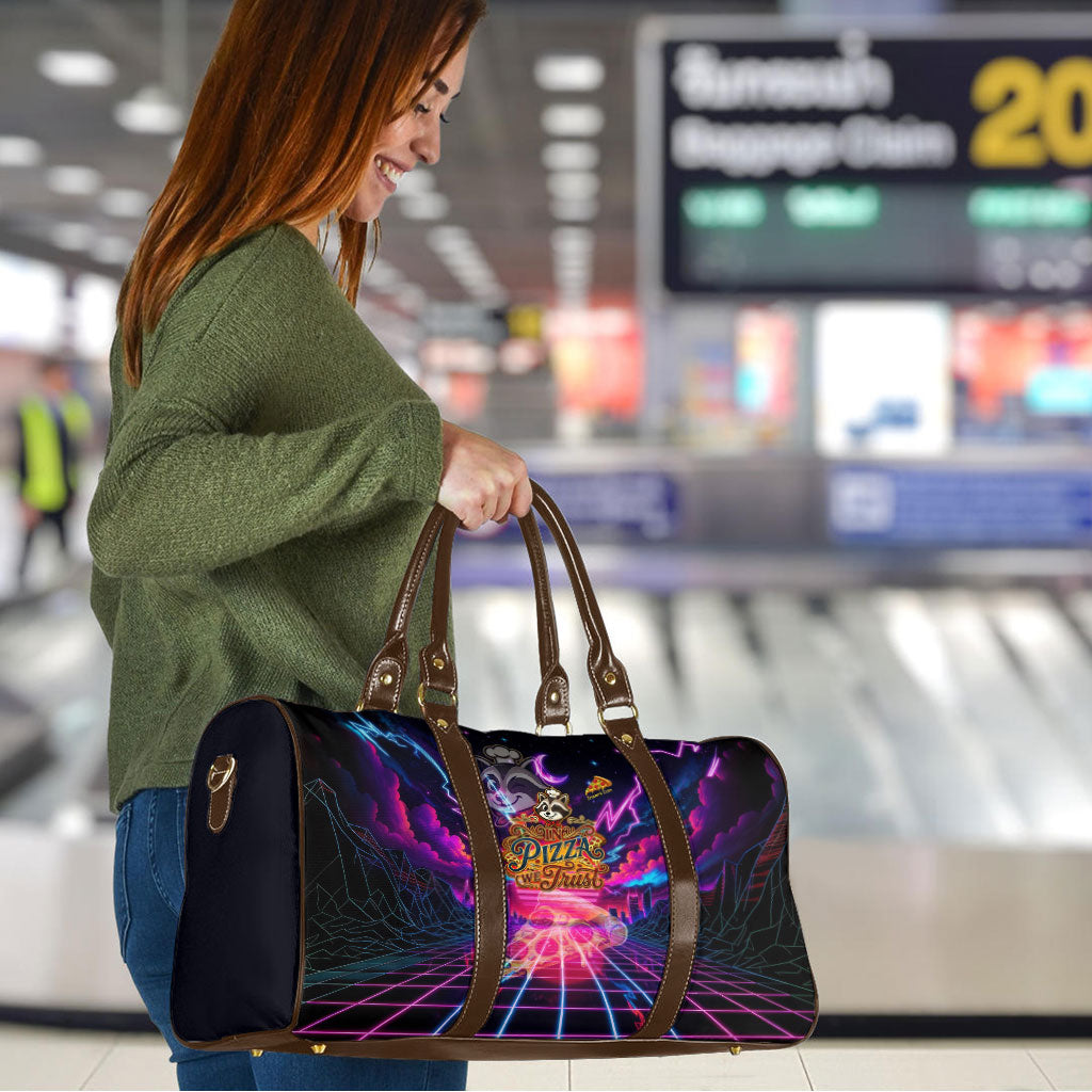 Retro Raccoon Eating Pizza Travel Bag 80s Synthwave Pizza Arcade Neon Gaming Aesthetic