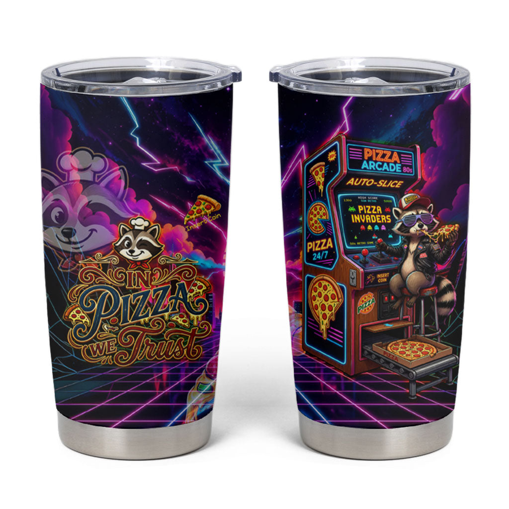 Retro Raccoon Eating Pizza Tumbler Cup 80s Synthwave Pizza Arcade Neon Gaming Aesthetic