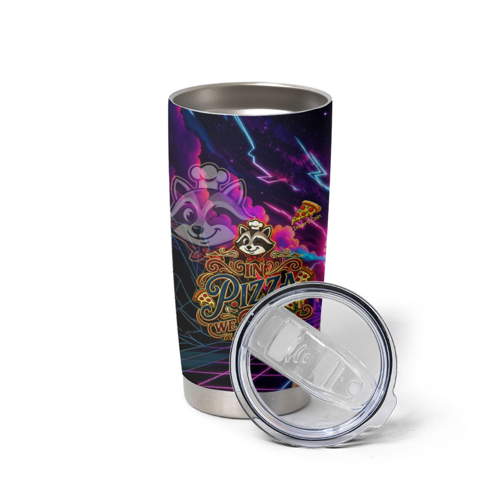 Retro Raccoon Eating Pizza Tumbler Cup 80s Synthwave Pizza Arcade Neon Gaming Aesthetic