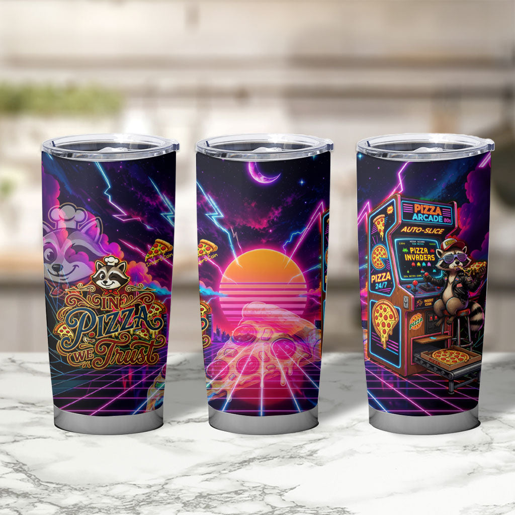 Retro Raccoon Eating Pizza Tumbler Cup 80s Synthwave Pizza Arcade Neon Gaming Aesthetic