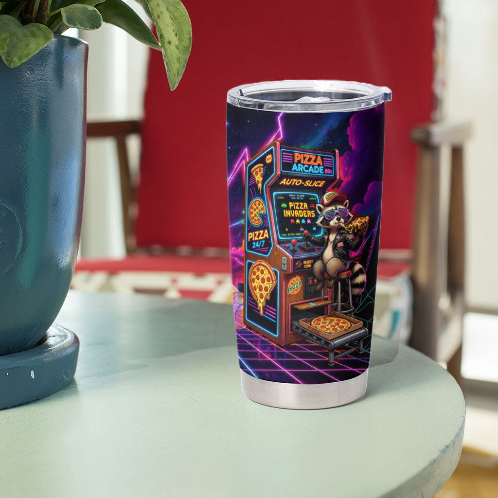 Retro Raccoon Eating Pizza Tumbler Cup 80s Synthwave Pizza Arcade Neon Gaming Aesthetic